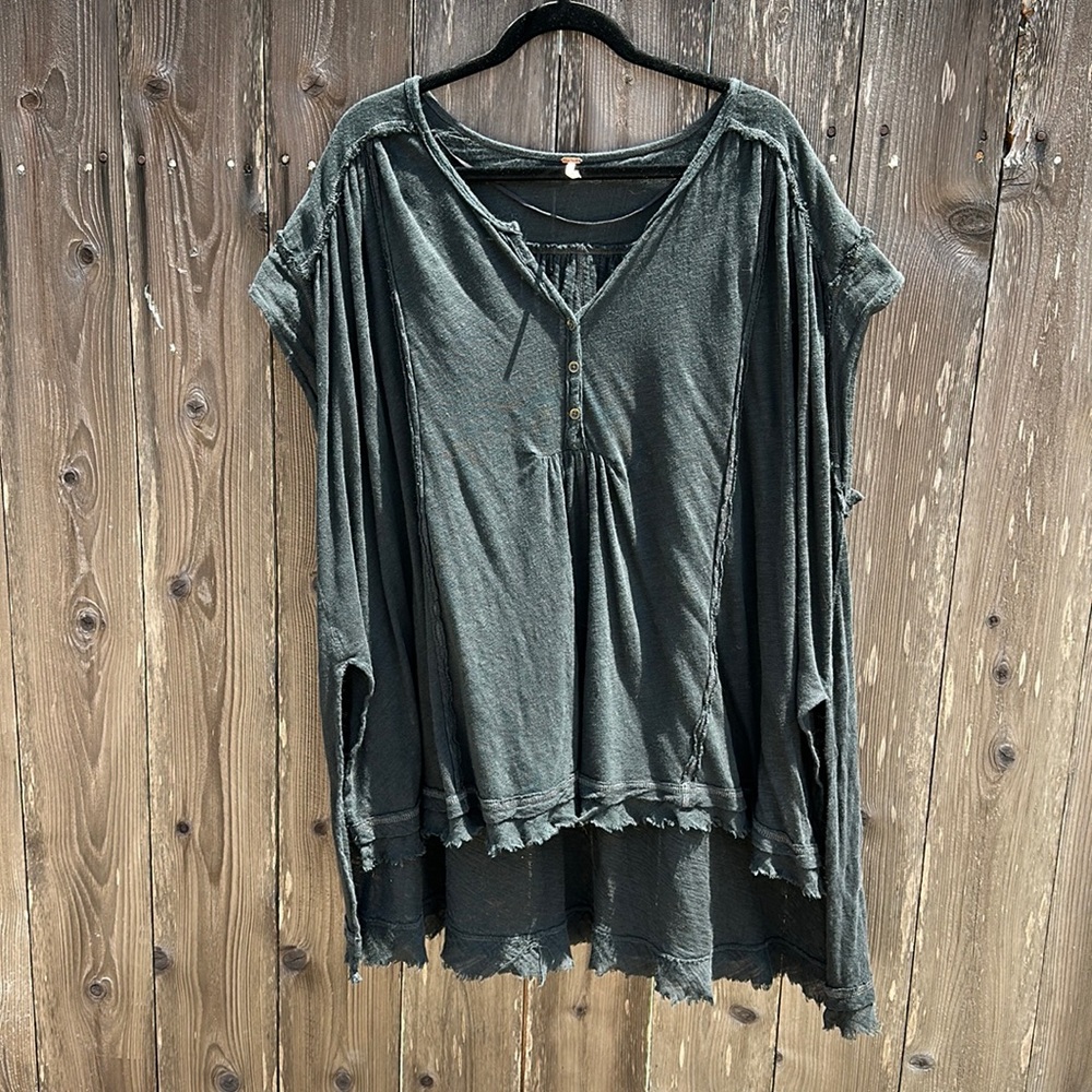 Free people button front ,flowy, black tunic top with raw hem  (S)